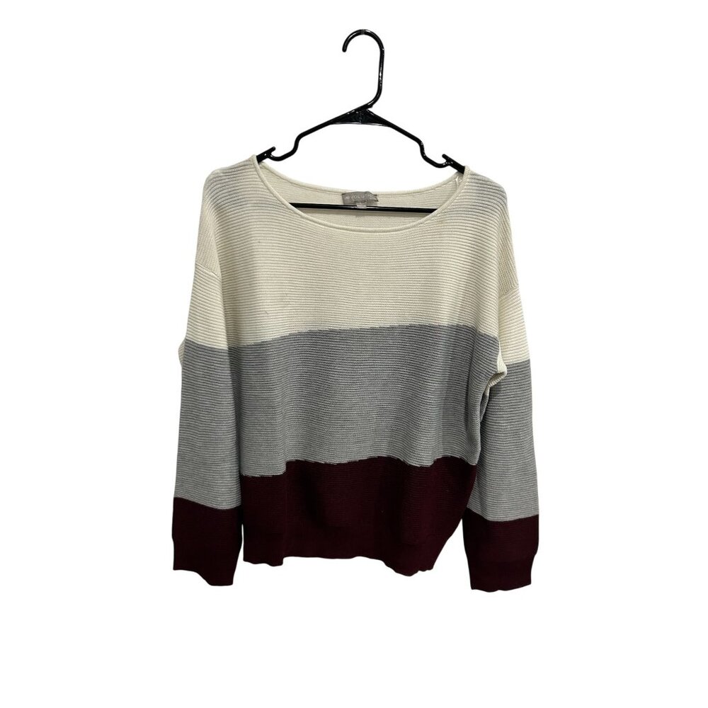 Evolution Colorblock Striped Pullover Sweater Gray Burgundy Sz Large Wool Blend